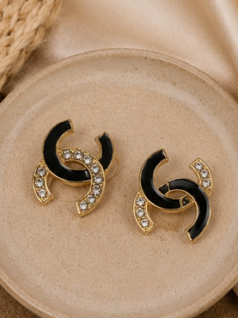 Designer Inspired Black Enamel Crystal Stud Earrings